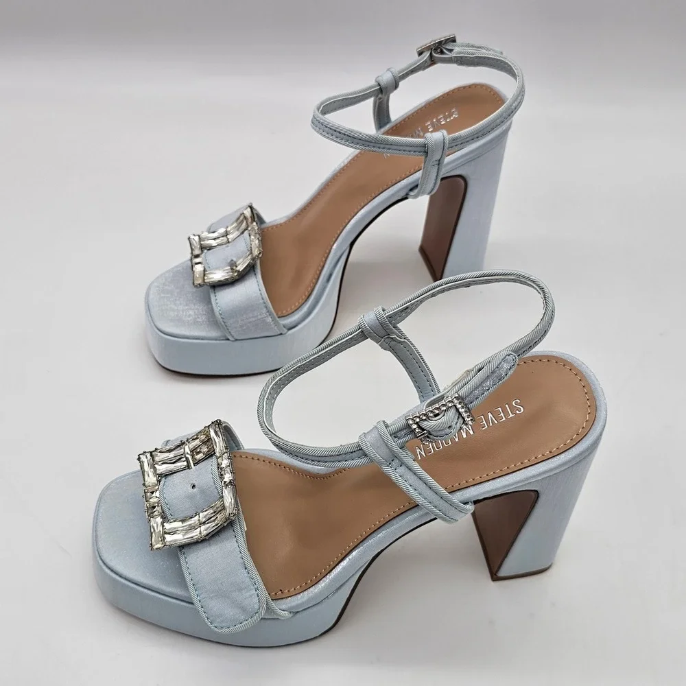 Steve Madden Liandra-B Block Heel Platform Sandals Womens 6.5 Blue Satin Crystal